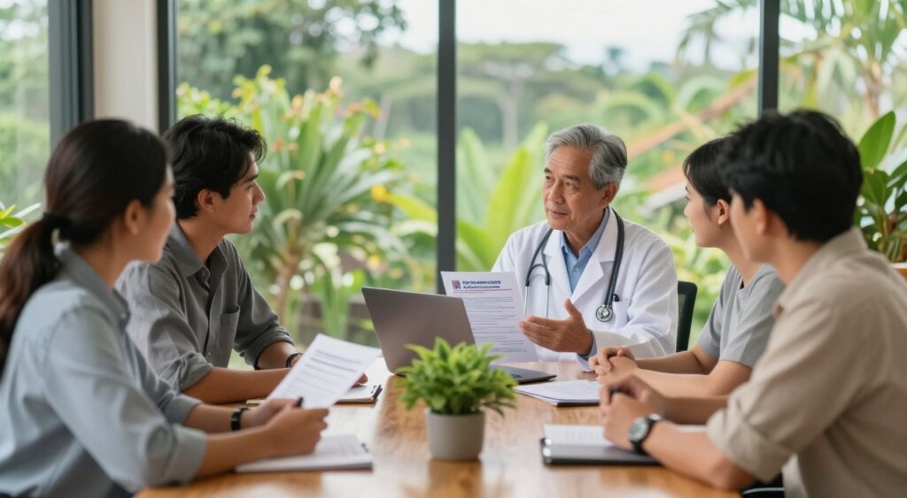 A serene and professional scene depicting a healthcare consultation in a bright, airy office in Bali. In the foreground, a diverse group of individuals in modest casual business attire, engaged in a discussion about international health insurance, while reviewing documents on a wooden table adorned with tropical plants. In the middle ground, an experienced healthcare advisor is explaining various insurance plans, gesturing towards a presentation on a laptop. In the background, large windows reveal lush greenery and the signature Balinese landscape under soft, natural daylight, creating a relaxed atmosphere. The focus is sharp on the individuals, with a slight depth-of-field effect to subtly blur the background, capturing a sense of professionalism and trust in healthcare services in Bali.