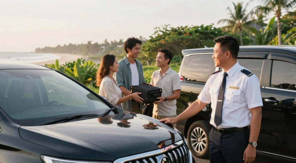 A serene and professional scene depicting the benefits of a private transfer service from Bali Airport to Seminyak. In the foreground, a smartly dressed driver, wearing a crisp uniform, stands beside a luxurious, sleek vehicle. The middle ground features a couple of relaxed travelers, dressed in modest casual clothing, happily receiving a warm welcome and assistance with their luggage. The background captures the beautiful Bali landscape with lush greenery and a hint of the vibrant Seminyak beach in the distance, bathed in soft, golden sunlight. The atmosphere is calm and inviting, highlighting comfort and ease of travel. Use a wide-angle lens to capture the entire scene, emphasizing the professionalism of the transfer service amidst the tropical beauty of Bali.