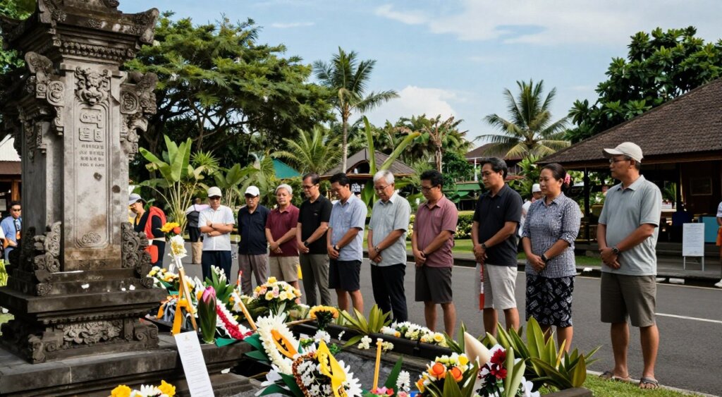 A serene and respectful view of the Bali Bombing Memorial, showcasing the somber atmosphere surrounding this significant site. In the foreground, intricate stone carvings and floral tributes emphasize the memorial's reverence. The middle ground features a group of visitors in modest casual clothing, quietly reflecting and paying their respects, with gentle expressions that convey a sense of solemnity. In the background, lush tropical trees and a clear blue sky create a tranquil setting, enhancing the atmosphere of remembrance. Soft, natural lighting bathes the scene, highlighting details in the memorial and the peacefulness of the surroundings. The composition is captured from a slightly elevated angle to include both the memorial and the visitors’ reverent interactions, reminiscent of National Geographic's immersive photojournalism style.
