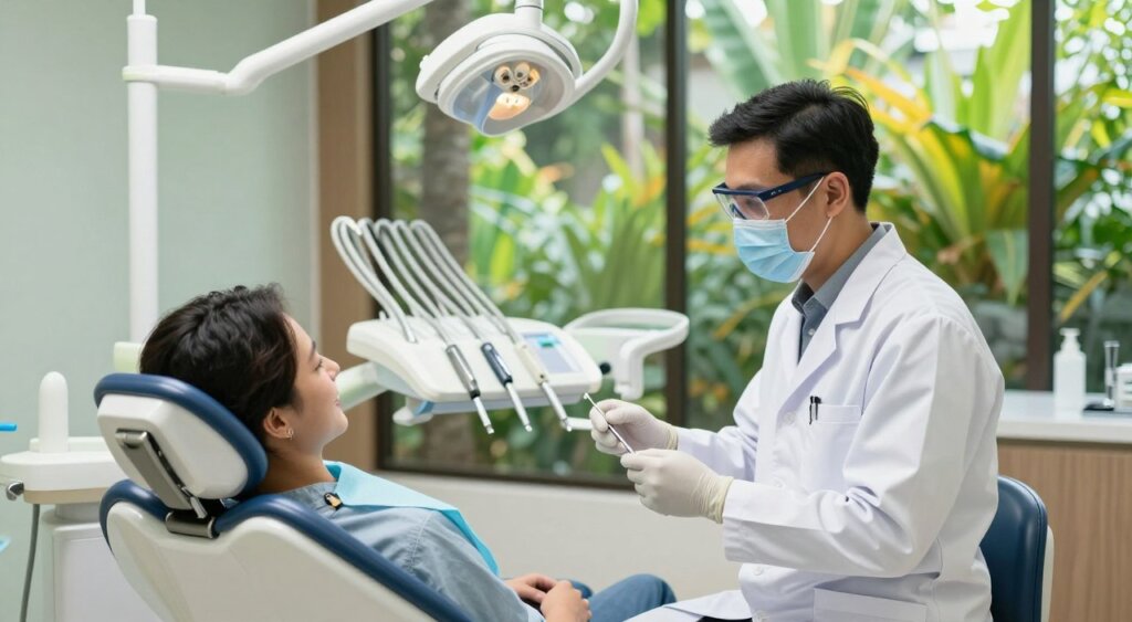 A serene and well-lit interior of a modern dental clinic in Bali, showcasing advanced dental technology and a welcoming atmosphere. In the foreground, a professional dentist, wearing a white coat and safety glasses, is discussing treatment options with a patient. The patient is seated in a sleek dental chair with a friendly expression. In the middle ground, dental tools and equipment are meticulously arranged, highlighting cleanliness and professionalism. The background features large windows revealing lush tropical greenery outside, letting in natural light that enhances the calming ambiance. The scene conveys trust and comfort, ideal for someone researching the best dental care options in Bali. Use high-resolution photography techniques to capture the vibrant colors and details, with soft focus on the background to emphasize the subjects.