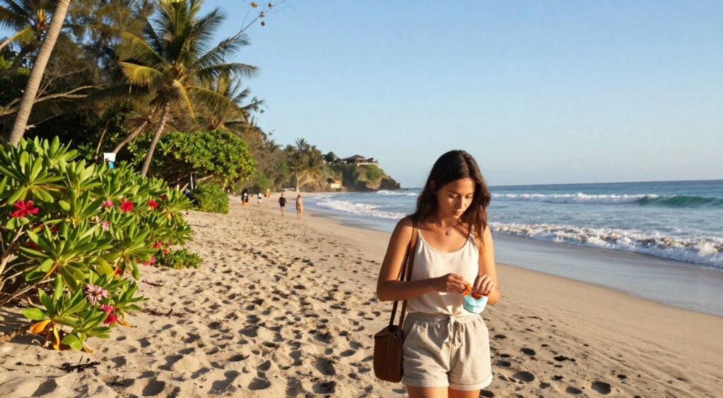 A serene beach scene in Kuta, Bali, showcasing a solo traveler taking health precautions. In the foreground, a young woman wearing modest casual clothing applies sunscreen and checks her travel health kit. In the middle, vibrant tropical vegetation frames the scene, with distant beachgoers practicing safe distancing. The background features soft waves lapping at the shore, under a clear blue sky with gentle sunlight illuminating the area, casting a warm glow. The atmosphere is calm and inviting, emphasizing personal health and safety while traveling. Capture this image with a wide-angle lens to highlight the beautiful natural surroundings, conveying a sense of peace and mindfulness essential for solo travelers.