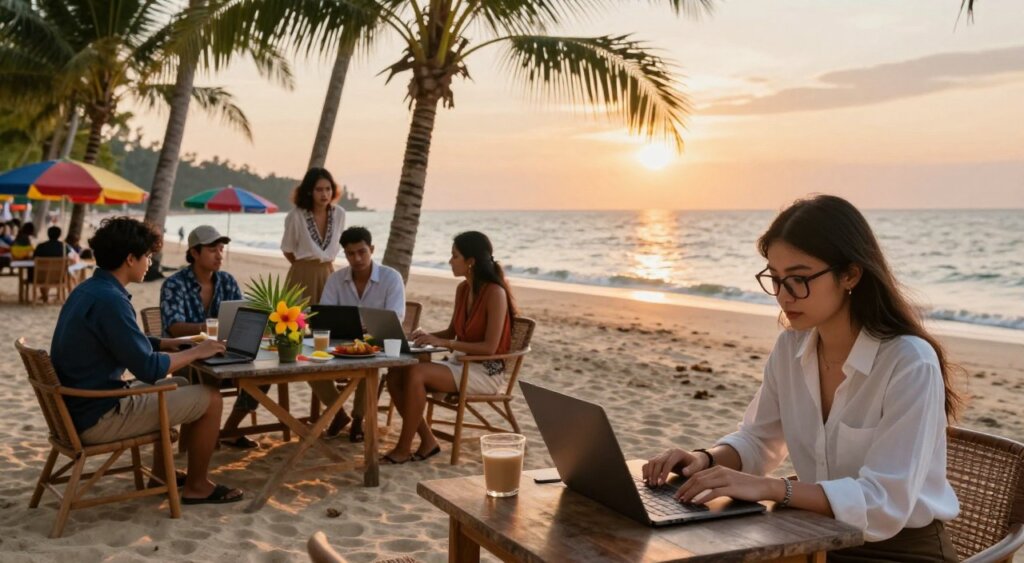 A serene beach scene in Thailand, showcasing digital nomads working on laptops, dressed in professional attire blended with local style. In the foreground, a young woman with glasses, focused on her screen, capturing the essence of productivity. To the side, a group of diverse remote workers, engaged in a brainstorming session around a table adorned with tropical flowers. In the middle ground, palm trees and colorful beach umbrellas juxtapose with the calm ocean waves. The background features a stunning sunset, casting warm golden light and long shadows. The atmosphere is relaxed yet productive, evoking a sense of freedom and opportunity for remote work in a vibrant setting. Capture this scene in a realistic, photojournalism style, with high-definition clarity and natural lighting.