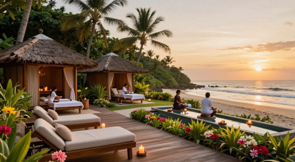 A serene beachfront spa retreat in Kuta, featuring luxurious treatment cabins nestled amongst lush tropical greenery. In the foreground, a wooden deck adorned with soft, comfortable lounge chairs and vibrant flowers creates a welcoming atmosphere. The middle ground showcases spa therapists in professional attire, attentively preparing for wellness treatments, surrounded by calming water features and candles emitting a soft glow. The background reveals the tranquil beach with gentle waves, under a warm, golden sunset that bathes the scene in a soothing light. Capture this idyllic setting with a wide-angle lens, emphasizing the peaceful, rejuvenating ambiance, conveying a sense of relaxation and luxury. A serene beachfront spa retreat in Kuta, featuring luxurious treatment cabins nestled amongst lush tropical greenery. In the foreground, a wooden deck adorned with soft, comfortable lounge chairs and vibrant flowers creates a welcoming atmosphere. The middle ground showcases spa therapists in professional attire, attentively preparing for wellness treatments, surrounded by calming water features and candles emitting a soft glow. The background reveals the tranquil beach with gentle waves, under a warm, golden sunset that bathes the scene in a soothing light. Capture this idyllic setting with a wide-angle lens, emphasizing the peaceful, rejuvenating ambiance, conveying a sense of relaxation and luxury.