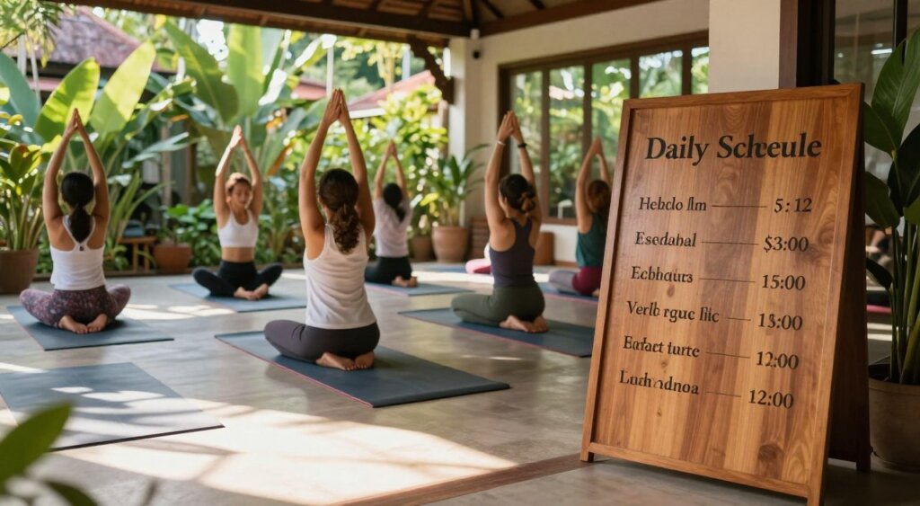 A serene, beautifully organized yoga studio in Bali, featuring a daily schedule prominently displayed on an elegant wooden board. In the foreground, a sunlit space with yoga mats neatly arranged and lush tropical plants adding a touch of nature. In the middle ground, a group of diverse participants, wearing modest, professional yoga attire, practice poses under soft, natural lighting that filters through large windows. The background captures the essence of Bali with vibrant green foliage and a glimpse of traditional architectural elements. The atmosphere is peaceful and focused, evoking a sense of community and dedication to the yoga training. Shot with a wide-angle lens to emphasize the space, creating a welcoming and inspiring mood. A serene, beautifully organized yoga studio in Bali, featuring a daily schedule prominently displayed on an elegant wooden board. In the foreground, a sunlit space with yoga mats neatly arranged and lush tropical plants adding a touch of nature. In the middle ground, a group of diverse participants, wearing modest, professional yoga attire, practice poses under soft, natural lighting that filters through large windows. The background captures the essence of Bali with vibrant green foliage and a glimpse of traditional architectural elements. The atmosphere is peaceful and focused, evoking a sense of community and dedication to the yoga training. Shot with a wide-angle lens to emphasize the space, creating a welcoming and inspiring mood.