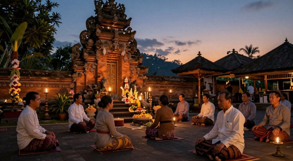 A serene, candle-lit scene depicting a traditional Balinese temple during Siwa Ratri, surrounded by lush greenery. In the foreground, a group of meditative practitioners, dressed in modest traditional attire, sit cross-legged on vibrant sarongs, their faces reflecting deep concentration and peace. The middle ground features intricate temple architecture adorned with offerings of flowers and fruits, illuminated by soft, flickering flames from oil lamps. In the background, a twilight sky transitions from deep indigo to soft orange, stars beginning to twinkle above. The atmosphere is tranquil and reverent, capturing the essence of spiritual significance and communal connection during this sacred night. Employ natural lighting to enhance the softness of the scene, resembling a high-resolution, National Geographic-style photograph.