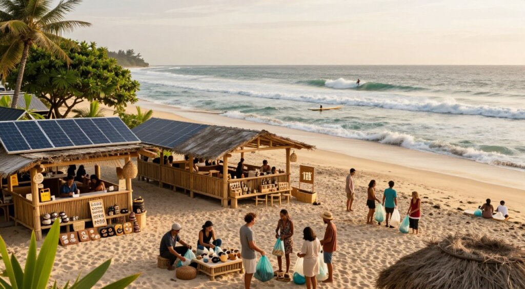 A serene coastal scene in Kuta showcasing sustainable tourism practices. In the foreground, a diverse group of tourists, dressed in modest casual clothing, engage in a beach clean-up, smiling as they work together. The middle ground features eco-friendly bamboo cafes with solar panels, surrounded by lush greenery and local artisans selling handmade crafts. In the background, gentle waves lap against a pristine sandy beach, with surfers riding the waves. The lighting is warm and inviting, reminiscent of a golden hour sunset, casting a soft glow over the scene. The atmosphere is vibrant yet peaceful, reflecting a harmonious balance between nature and responsible tourism. The composition is taken from a slightly elevated angle, lending a panoramic view of Kuta’s landscape, emphasizing both its beauty and the commitment to sustainability.
