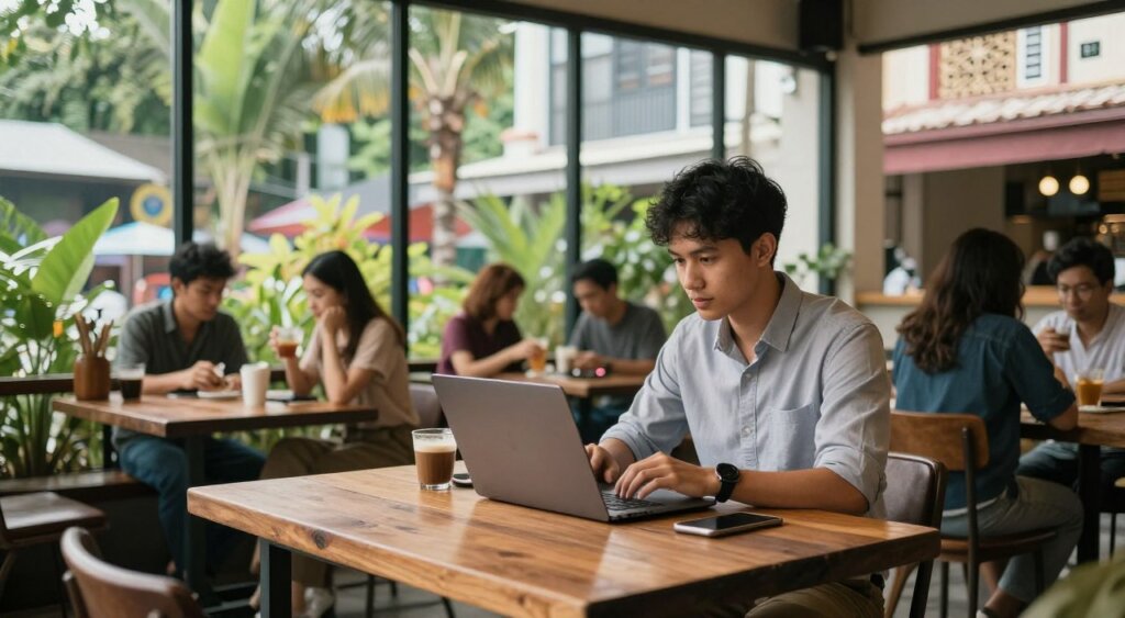 A serene coffee shop setting in Malaysia, where a focused digital nomad works on a laptop at a rustic wooden table. In the foreground, a young professional in casual business attire, deeply engaged in their work, surrounded by a tropical atmosphere with lush greenery visible through large glass windows. In the middle ground, other patrons quietly enjoy their drinks, contributing to a vibrant yet tranquil environment. The background features Malaysian architecture, hinting at cultural elements such as intricate designs and nearby street markets. Soft natural light filters through, casting gentle shadows and creating a warm, inviting ambiance. The image captures the essence of a nomadic lifestyle balanced with the affordability and charm of Malaysia as a workspace.