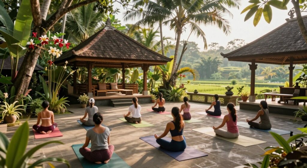 A serene courtyard of a yoga school in Bali, surrounded by lush tropical greenery and fragrant flowers. In the foreground, a diverse group of yoga practitioners, dressed in modest, comfortable attire, are engaged in various yoga poses on colorful mats. The middle ground features a traditional Balinese architecture with open-air pavilions and natural bamboo accents. Soft morning sunlight filters through the treetops, casting gentle shadows on the ground, creating a warm and inviting atmosphere. The background showcases a distant view of rice paddies and rolling hills, adding depth to the scene. The composition is captured with a wide-angle lens to emphasize the harmony between nature and practice, evoking a peaceful and rejuvenating mood. A serene courtyard of a yoga school in Bali, surrounded by lush tropical greenery and fragrant flowers. In the foreground, a diverse group of yoga practitioners, dressed in modest, comfortable attire, are engaged in various yoga poses on colorful mats. The middle ground features a traditional Balinese architecture with open-air pavilions and natural bamboo accents. Soft morning sunlight filters through the treetops, casting gentle shadows on the ground, creating a warm and inviting atmosphere. The background showcases a distant view of rice paddies and rolling hills, adding depth to the scene. The composition is captured with a wide-angle lens to emphasize the harmony between nature and practice, evoking a peaceful and rejuvenating mood.
