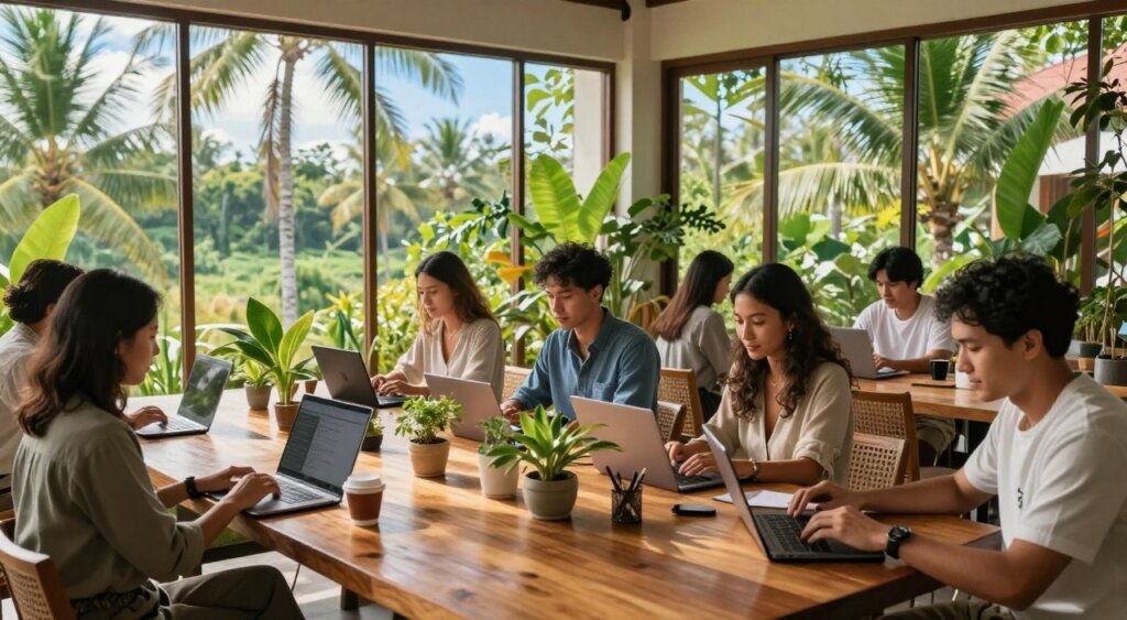 A serene coworking space in Bali, bathed in natural light filtering through large windows, showcasing lush green surroundings. In the foreground, a diverse group of digital nomads, men and women of different ethnicities, are focused on their laptops, dressed in modest professional attire. The middle ground features a long wooden communal table adorned with potted plants and coffee cups, fostering a collaborative atmosphere. In the background, a tropical landscape reveals palm trees and a clear blue sky, reflecting the laid-back yet productive vibe of the Bali digital nomad community. The overall mood is inspiring and tranquil, emphasizing the blending of work and culture in this beautiful island setting.