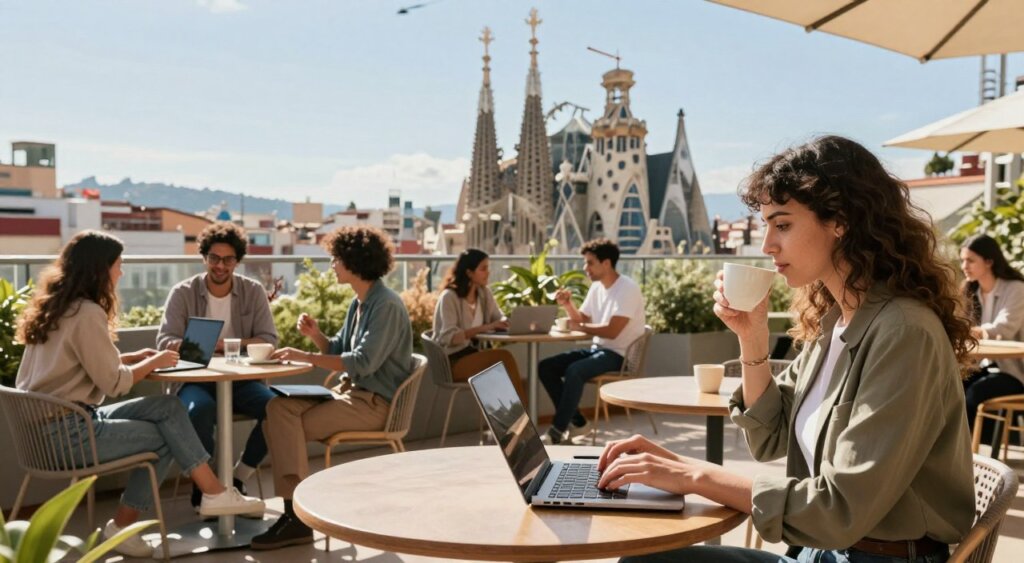 A serene coworking space in a sunlit Barcelona terrace, showcasing a diverse group of professionals working on laptops. In the foreground, a woman in smart casual attire comfortably types away while sipping coffee, with a vibrant cityscape visible behind her. In the middle, several individuals engage in discussions, highlighting collaboration and flexibility in a relaxed atmosphere. The background features iconic architecture like Gaudí's designs under a clear blue sky, symbolizing work-life balance. Soft, natural lighting casts gentle shadows, evoking a warm, inviting mood. Captured with a wide-angle lens to emphasize the communal energy and allure of the digital nomad lifestyle in Spain, conveying the freedom and opportunities associated with the Digital Nomad Visa.