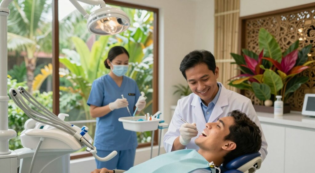 A serene dental clinic in Bali, featuring a modern, bright dental office with large windows showcasing lush tropical greenery outside. In the foreground, a friendly dentist in professional attire, attentively examining a patient’s teeth with high-quality dental tools. The middle ground captures a dental hygienist preparing equipment and assisting with care, while the background reveals soothing Balinese design elements, such as bamboo decor and vibrant tropical plants. Soft, natural light filters through the windows, creating an inviting and calming atmosphere. The overall mood is one of comfort, professionalism, and vibrant health, emphasizing the unique benefits of dental tourism in this picturesque location. The angle is a slightly elevated view to capture the interaction between the dentist and patient, along with the surrounding ambiance.