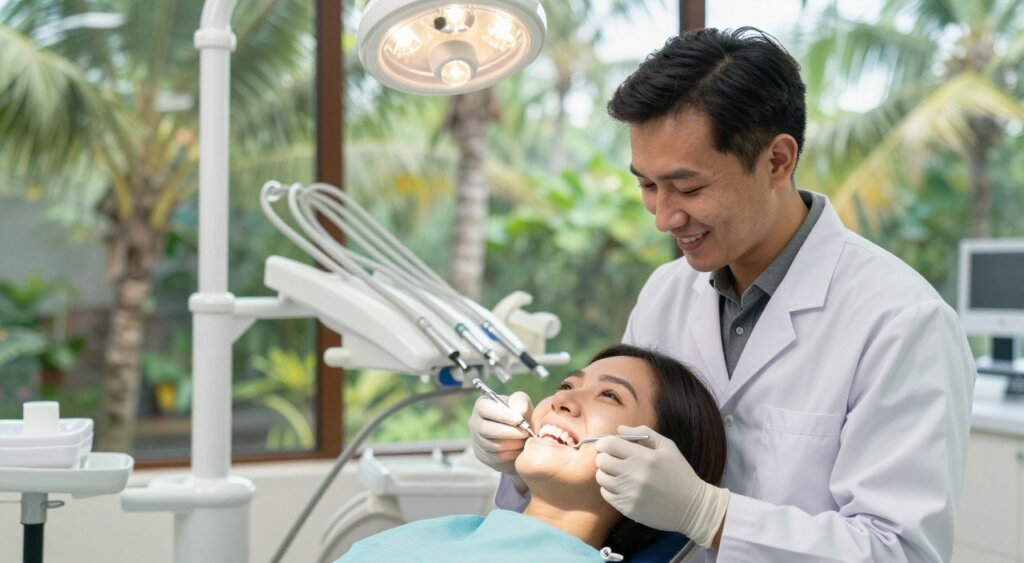 A serene dental clinic in Bali featuring a smiling patient receiving a cosmetic dentistry makeover. In the foreground, a professional dentist, dressed in a white coat and gloves, gently examines the patient’s teeth, showcasing a perfect, bright white smile. The middle layer shows modern dental equipment and bright, inviting lighting that enhances the clean, airy ambiance of the clinic. In the background, large windows reveal a lush tropical landscape typical of Bali, filled with palm trees and soft natural light filtering through. The scene is warm and welcoming, evoking a sense of care and expertise in cosmetic dentistry. Capture this moment with a soft-focus lens, highlighting the emotional connection between patient and dentist, combining both dental health and aesthetic enhancement.