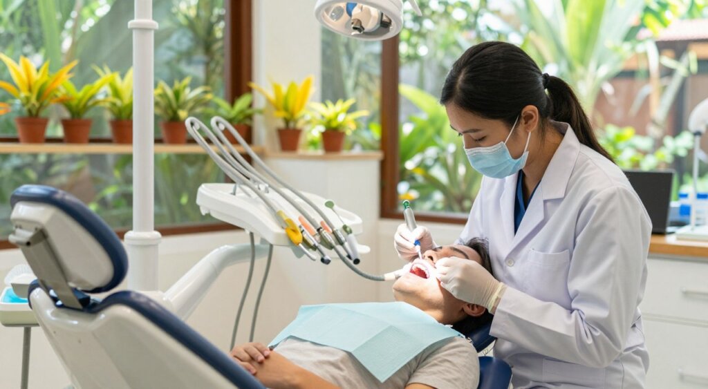 A serene dental clinic in Bali, highlighting a professional teeth whitening procedure. In the foreground, a dental hygienist, dressed in a clean white lab coat, is carefully applying a teeth whitening gel to a patient reclining in a modern dental chair. The patient, in modest casual clothing, has an expression of calmness and trust. In the middle ground, shelves display neatly arranged dental tools and bright, cheerful plants add a touch of natural beauty. The background features large windows with a view of lush Balinese greenery, letting in soft, natural sunlight that illuminates the scene warmly. The atmosphere is tranquil and reassuring, evoking a sense of safety and professionalism in dental care, with a focus on patient wellbeing.