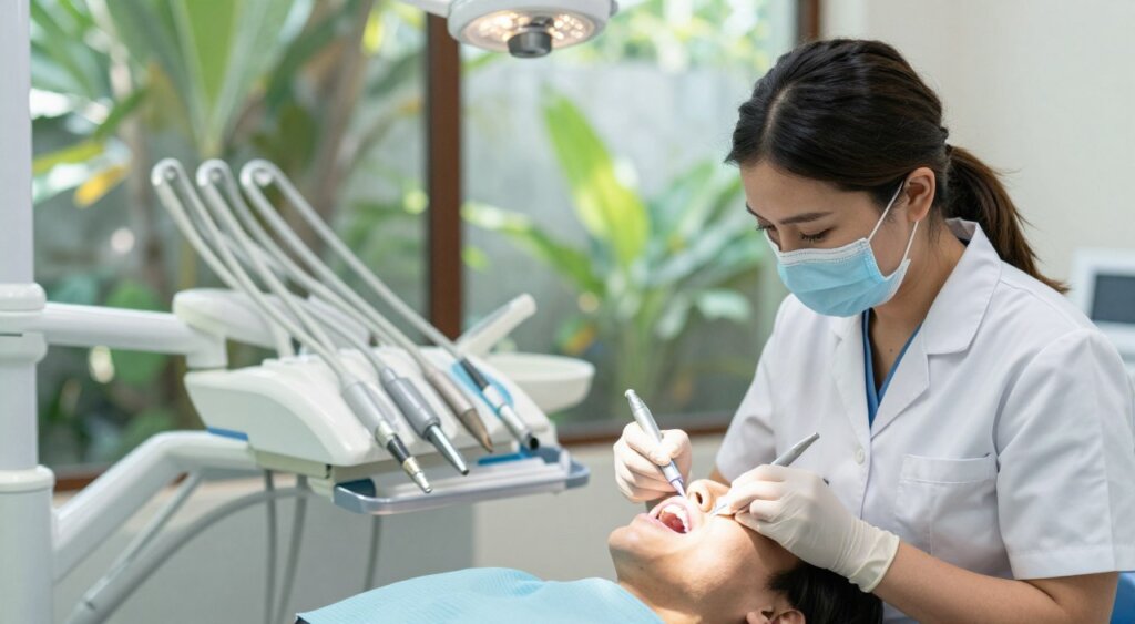 A serene dental clinic in Bali, showcasing a professional teeth whitening procedure. In the foreground, a skilled dental hygienist, dressed in smart, professional attire, attentively applies a whitening gel to a patient's teeth, ensuring a clean and sterile environment. The middle section features dental equipment arranged neatly on a sterile tray, with soft blue and white tones evoking a calming atmosphere. In the background, large windows reveal lush greenery typical of Bali, with gentle natural light streaming in, enhancing the tranquil vibe. The photo is captured with a shallow depth of field, focusing sharply on the hygienist’s careful application while softly blurring the background, creating an inviting and professional ambiance perfect for dental care.