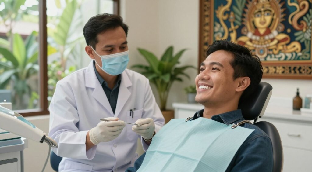 A serene dental clinic setting in Bali that showcases the results of teeth whitening. In the foreground, a happy, smiling person of Asian descent displays their bright, white teeth, dressed in smart casual clothing. The middle ground features a professional dentist, wearing a lab coat, holding dental tools, and offering a complimentary consultation to the patient. In the background, decorative Balinese elements – such as traditional art murals and potted tropical plants – enhance the ambiance. Soft, natural lighting filters through large windows, casting gentle shadows and creating a welcoming atmosphere. The composition should evoke a sense of tranquility and the appeal of having dental care in a picturesque location, resembling National Geographic's high-quality photojournalism style.