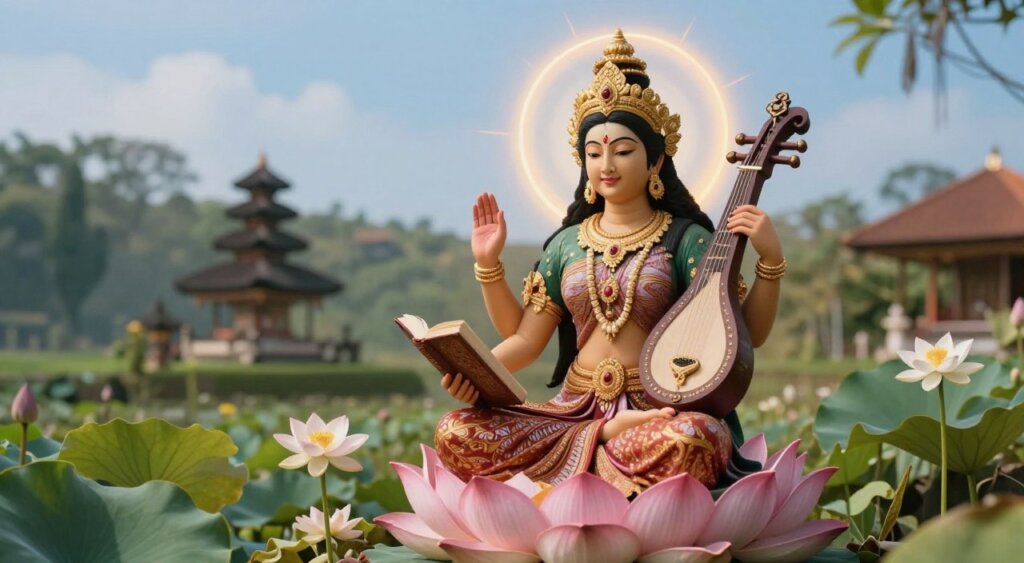 A serene depiction of Goddess Saraswati, elegantly adorned in traditional Balinese attire, seated on a lotus flower. She holds a veena in one hand and a sacred book in the other, symbolizing knowledge and education. In the foreground, lush greenery and delicate flowers frame her, adding to the tranquil atmosphere. The middle ground features a softly glowing aura around Saraswati, creating an ethereal light that suggests inspiration. In the background, a peaceful Balinese landscape under a clear blue sky enhances the feeling of harmony and wisdom. The lighting is warm and inviting, capturing the essence of spiritual enlightenment, with a focus on details that highlight the intricate designs of her attire. The composition should convey reverence and the transformative power of knowledge.
