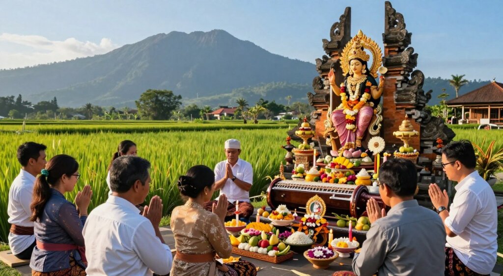 A serene depiction of Saraswati Day at a tranquil Balinese temple, showcasing a vibrant altar adorned with intricate offerings of fruits, flowers, and rice. In the foreground, a group of diverse individuals in modest, professional attire gather to offer prayers, their faces reflecting devotion and serenity. The middle ground features a beautifully crafted statue of Goddess Saraswati, surrounded by flickering candles and traditional music instruments like the gamelan. The background reveals lush green rice paddies and the silhouette of distant mountains under a clear blue sky, emphasizing the spiritual connection to nature. The scene is bathed in warm, golden sunlight, creating a peaceful and reverent atmosphere. The composition captures a dynamic yet harmonious balance, lending an air of cultural significance to the celebration.