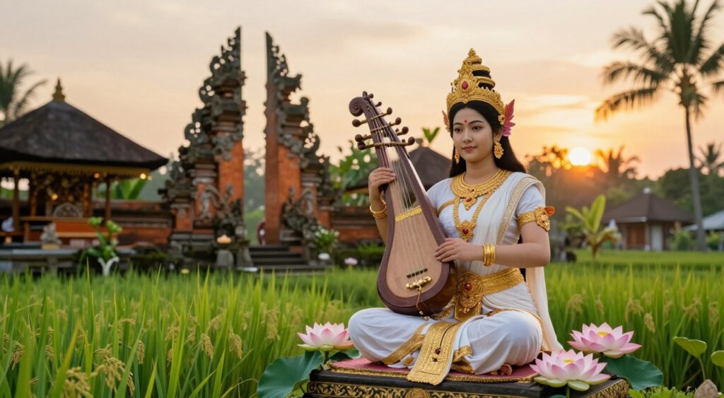 A serene depiction of the Goddess Saraswati, embodying wisdom, arts, and purity in a vibrant, tropical Balinese setting. In the foreground, Saraswati is portrayed gracefully seated, adorned in traditional white and gold attire symbolizing purity and knowledge. She holds a beautifully carved veena in her hands, surrounded by delicate lotus flowers, representing enlightenment. The middle ground features lush green rice paddies and the intricate details of a Balinese temple, rich with artistic carvings, enhancing the theme of arts. In the background, a soft, glowing sunset casts golden light over the entire scene, creating a tranquil and inspirational atmosphere. The image should have a high dynamic range, shot with a wide-angle lens to capture the depth and beauty of the surroundings, evoking a sense of peace and wisdom.