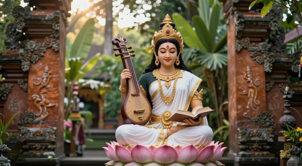 A serene depiction of the Hindu Goddess Saraswati, elegantly seated on a lotus, surrounded by intricate traditional Balinese motifs. In the foreground, focus on her poised figure, adorned in a flowing white and gold robe, with a gentle smile, symbolizing wisdom and learning. She holds a veena in one hand and a book in the other, emphasizing knowledge and the arts. The middle ground features lush tropical foliage and ornate temple pillars, capturing the essence of Bali's rich cultural heritage. In the background, soft sunlight filters through the trees, creating a warm and inviting atmosphere. The composition conveys tranquility and reverence, framed with a shallow depth of field to emphasize the goddess and her symbolic elements.