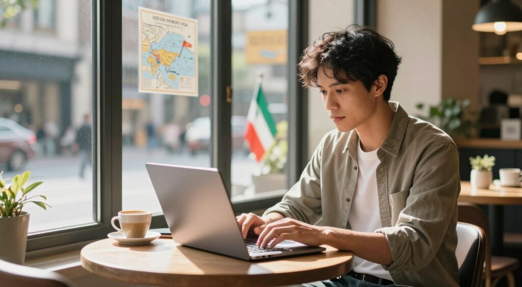 A serene digital nomad working on a laptop in a sunlit café, showcasing the benefits of a digital nomad visa. In the foreground, a professional-looking individual, dressed in smart casual attire, is focused on their laptop, surrounded by a warm atmosphere with soft natural lighting filtering through large windows. In the middle background, various elements like travel maps, a coffee cup, and international flags symbolize global mobility and the lifestyle of digital nomads. The background features a bustling city street view, hinting at a vibrant urban environment. The scene conveys a sense of freedom, adventure, and professional growth, perfectly capturing the essence of the digital nomad visa experience. The composition is shot with a slight depth of field, emphasizing the subject while softly blurring the bustling environment.