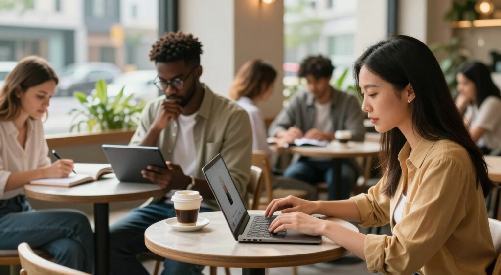 A serene digital nomad workspace in an urban environment, featuring a diverse group of professionals in smart casual attire, focused on their laptops. In the foreground, a woman of Asian descent is engaged in a video call at a stylish café table, with a steaming coffee cup beside her. The middle ground showcases a man of African descent thoughtfully reading a digital tablet, while another individual of European descent jots down notes in a notebook. In the background, vibrant city life unfolds, including greenery and modern architecture, enhanced by warm, natural lighting streaming in through large windows. The atmosphere is productive yet relaxed, embodying the essence of remote work and travel, highlighting the concept of a digital nomad visa. Shot from a slightly elevated angle to capture depth and detail, emphasizing a sense of collaboration and innovation.