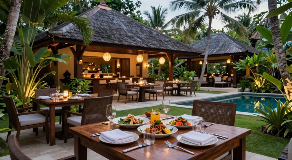 A serene dining scene at a boutique resort in Indonesia, capturing the essence of Hotel Amnaya Resort Kuta. In the foreground, a beautifully set table with elegant dishes showcasing local cuisine, surrounded by lush tropical greenery. The middle ground features a cozy outdoor dining area with tasteful decor, infused with Balinese accents. Soft, ambient lighting from hanging lanterns creates a warm and inviting atmosphere. In the background, glimpses of palm trees and a tranquil pool enhance the exotic resort vibe. Capture this scene with natural lighting at dusk, using a wide-angle lens to convey depth. The mood should be relaxing and inviting, ideal for enjoying a culinary experience in a lush resort setting.