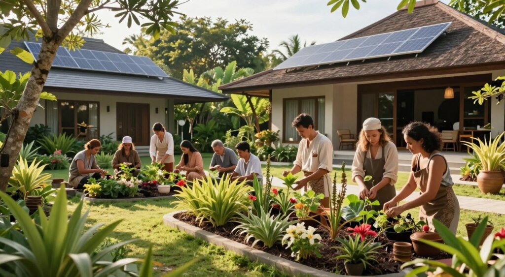 A serene, eco-friendly scene at Ramayana Resort Kuta featuring lush greenery, sustainable practices, and a tranquil atmosphere. In the foreground, a beautifully arranged garden with native plants and flowers, showcasing the resort's commitment to biodiversity. In the middle, a group of guests dressed in modest casual clothing participate in an organic gardening workshop, engaging with local eco-friendly artisans, and learning sustainable techniques. In the background, the resort's elegant architecture harmoniously blends with the natural surroundings, with solar panels subtly integrated into the design. Natural sunlight filters through the trees, casting warm, inviting light across the scene. The overall mood is uplifting and harmonious, reflecting a commitment to sustainability and community engagement. A serene, eco-friendly scene at Ramayana Resort Kuta featuring lush greenery, sustainable practices, and a tranquil atmosphere. In the foreground, a beautifully arranged garden with native plants and flowers, showcasing the resort's commitment to biodiversity. In the middle, a group of guests dressed in modest casual clothing participate in an organic gardening workshop, engaging with local eco-friendly artisans, and learning sustainable techniques. In the background, the resort's elegant architecture harmoniously blends with the natural surroundings, with solar panels subtly integrated into the design. Natural sunlight filters through the trees, casting warm, inviting light across the scene. The overall mood is uplifting and harmonious, reflecting a commitment to sustainability and community engagement.