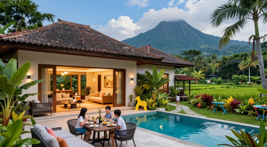 A serene family-friendly villa in Bali nestled among lush tropical gardens, showcasing a beautiful open-plan living area with modern furniture and vibrant decor. In the foreground, a welcoming outdoor terrace with comfortable seating, a dining table set for a family meal, and a sparkling swimming pool. In the middle, the villa's inviting entrance surrounded by exotic flora and a pathway leading to a cozy play area for children. In the background, the dramatic silhouette of Bali’s iconic rice paddies and imposing mountains under a bright blue sky. Soft, warm lighting conveys a relaxed and inviting atmosphere. Capture this scene using a wide-angle lens for a balanced, immersive view, focusing on the natural beauty and family-friendly features, ensuring a professional photojournalism feel.