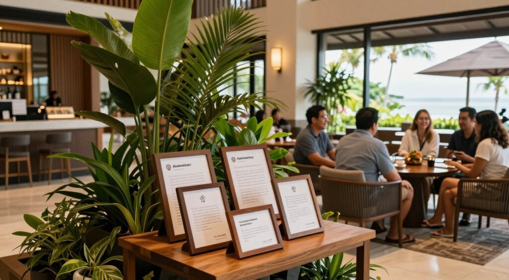 A serene interior of a contemporary hotel lobby at Harris Hotel Kuta Galleria Bali, showcasing a variety of guest testimonials. In the foreground, a small wooden table displays elegant, framed cards with handwritten reviews, surrounded by lush tropical plants. In the middle, casually dressed guests of diverse backgrounds converse and smile, exuding a welcoming atmosphere. Soft lighting illuminates the space, creating a warm and inviting ambiance. The background features large windows with views of the vibrant Kuta landscape and subtle hints of Balinese architecture. The image conveys a sense of comfort and satisfaction, emphasizing positive guest experiences. The angle captures both the details of the testimonials and the lively hotel environment, reflecting a homely yet upscale vibe.