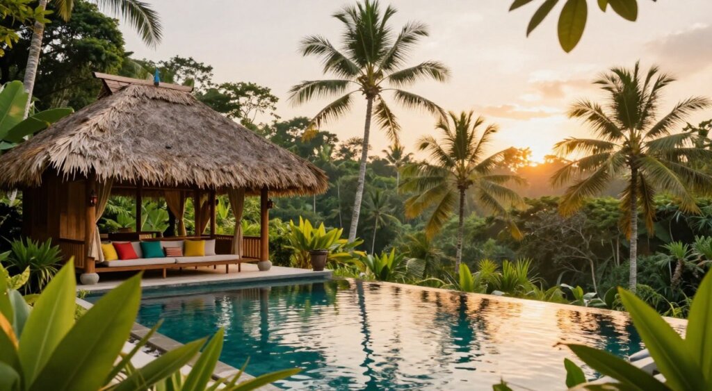 A serene jungle resort in Ubud, Bali, nestled among lush greenery and tropical flora. In the foreground, a beautifully designed wooden villa with a thatched roof features an inviting open-air terrace adorned with comfortable seating and vibrant cushions. The middle ground showcases an infinity pool, reflecting the surrounding verdant landscape, with gentle ripples creating a sense of tranquility. Beyond the pool, the background reveals tall palm trees swaying gently and dense jungle foliage, bathed in the warm glow of a golden sunset. The atmosphere is peaceful and rejuvenating, evoking a sense of harmony with nature, perfect for artistic retreat. Employ a soft focus lens for a dreamy effect and capture the scene from a slightly elevated angle to showcase the resort's integration with its stunning natural surroundings.