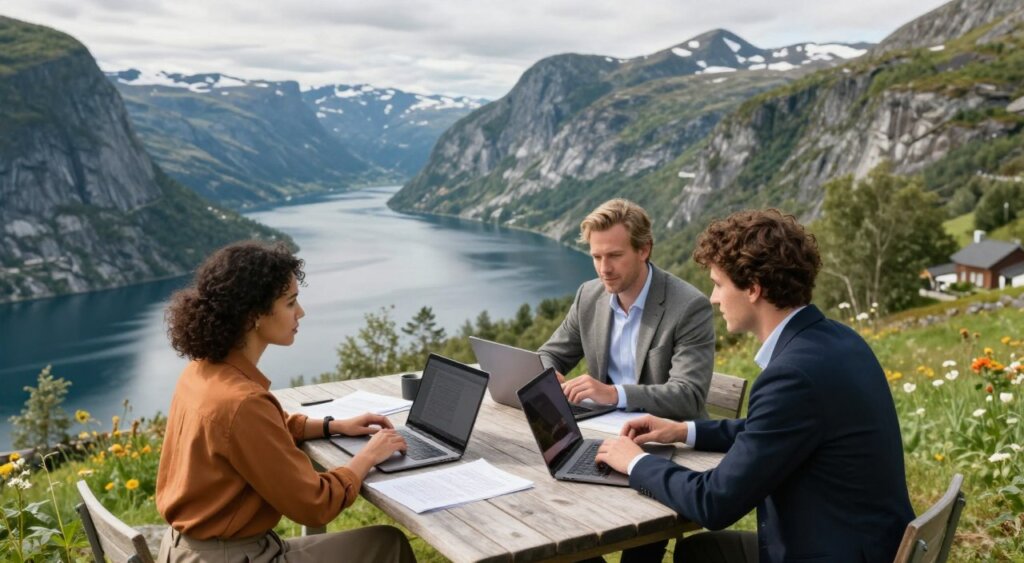 A serene landscape of Norway featuring stunning fjords and mountains as a backdrop, bathed in soft, natural daylight. In the foreground, a diverse group of three digital nomads, including a woman in a smart casual outfit and two men in professional attire, are engaged in a discussion with laptops open and documents spread out on a rustic wooden table. The atmosphere conveys collaboration and professional growth, with the vibrant greenery of the surrounding nature symbolizing the freedom of remote work. The angle is slightly elevated, focusing on the group while capturing the breathtaking scenery behind them, evoking a sense of adventure and opportunity in Norway's remote work scene.