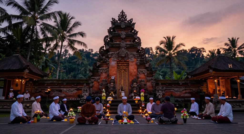 A serene landscape of a Balinese temple during Siwa Ratri, bathed in the soft glow of twilight. In the foreground, a group of deeply focused individuals in modest traditional Balinese attire sits cross-legged, meditating, surrounded by delicate offerings of flowers and incense. In the middle ground, the ornate temple structure looms, showcasing intricate carvings and statues illuminated by flickering oil lamps. The background features a lush jungle, with silhouettes of palm trees against a vibrant sunset sky, creating a tranquil and mystical atmosphere. The scene captures the essence of spiritual meditation, infused with cultural legacy and history. The composition is framed with a wide-angle lens, highlighting the peaceful ambiance and rich details, conveying a sense of reverence and connection to tradition.