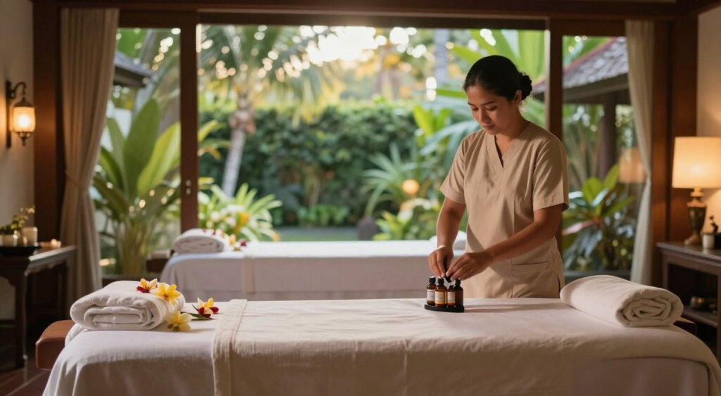 A serene luxury spa setting at The Bene Hotel in Kuta, Bali, featuring an elegant massage room with soft, ambient lighting. In the foreground, a neatly arranged treatment table adorned with fresh flowers and soft linens invokes tranquility. The middle layer showcases a skilled therapist in modest, professional attire, preparing aromatic oils, focused on creating a relaxing atmosphere. In the background, large windows reveal lush tropical gardens, with gentle sunlight filtering through, casting warm glows on the wooden decor. The overall mood is peaceful and rejuvenating, evoking feelings of wellness and relaxation, inviting guests into a world of pampering and tranquility. The photo is captured in a soft focus style to emphasize calmness, resembling high-quality photojournalism akin to National Geographic's exquisite imagery.