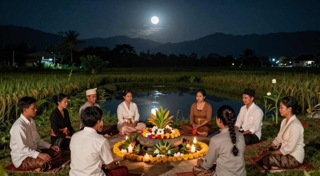 A serene melukat ceremony scene unfolds at night during the Full Moon Tilem, showcasing a serene spiritual cleansing process. In the foreground, diverse participants—men and women dressed in elegant, modest traditional attire—gather around a central stone altar adorned with fresh tropical flowers and candles. The middle ground features a tranquil pond reflecting the full moon, surrounded by lush greenery and rice paddies, illuminated by soft, mystical moonlight. The background reveals distant mountains under a starry sky, enhancing the spiritual atmosphere. Capture this moment with a wide-angle lens to convey depth, emphasizing the participants’ meditative expressions. Utilize soft, natural lighting to evoke a peaceful, contemplative mood, resonating with the ritual's intention of cleansing and renewal. A serene melukat ceremony scene unfolds at night during the Full Moon Tilem, showcasing a serene spiritual cleansing process. In the foreground, diverse participants—men and women dressed in elegant, modest traditional attire—gather around a central stone altar adorned with fresh tropical flowers and candles. The middle ground features a tranquil pond reflecting the full moon, surrounded by lush greenery and rice paddies, illuminated by soft, mystical moonlight. The background reveals distant mountains under a starry sky, enhancing the spiritual atmosphere. Capture this moment with a wide-angle lens to convey depth, emphasizing the participants’ meditative expressions. Utilize soft, natural lighting to evoke a peaceful, contemplative mood, resonating with the ritual's intention of cleansing and renewal.