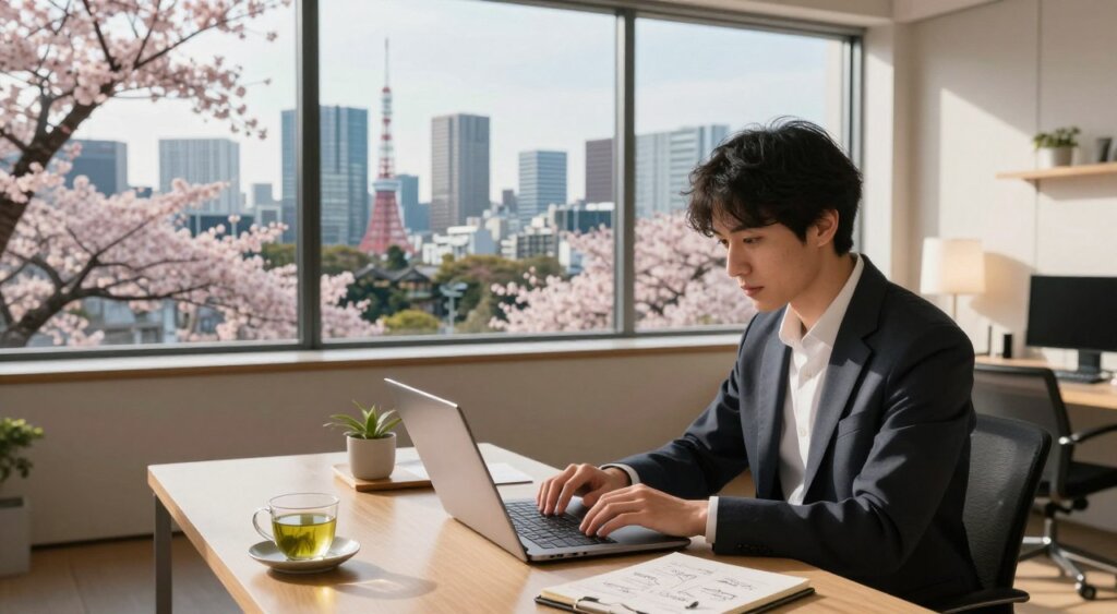 A serene, modern workspace set against the backdrop of a vibrant Tokyo skyline, showcasing both traditional and contemporary architecture. In the foreground, a young professional in smart casual attire is working intently on a laptop, surrounded by a cup of Japanese green tea and a notepad filled with ideas. The middle layer features a cozy, well-lit room with minimalistic decor, blending elements of Japanese design with a global digital nomad aesthetic. The background is filled with cherry blossom trees framing the stunning urban scene. The lighting is warm and inviting, with soft sunlight streaming through large windows, creating a tranquil yet motivating atmosphere. The image captures the essence of remote work in Japan, highlighting a blend of productivity and cultural richness.
