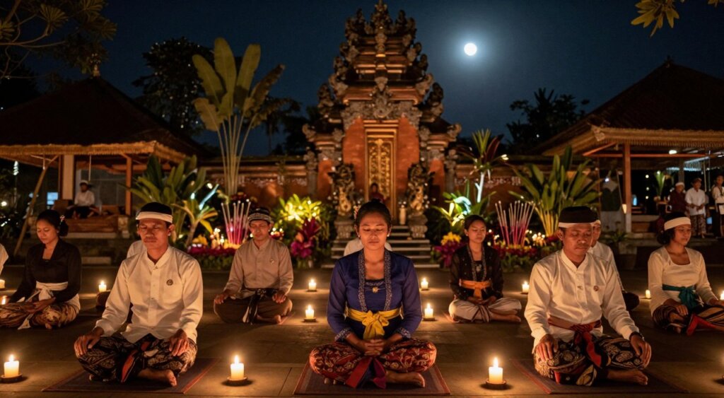 A serene night scene of Siwaratri in Bali, illuminated by soft, warm candlelight. In the foreground, a group of individuals dressed in modest, colorful traditional Balinese attire sits in meditation, their expressions calm and focused. The middle layer features lush tropical plants and incense, creating an immersive spiritual atmosphere. In the background, a beautifully decorated temple glows softly under the moonlight, surrounded by stars. The lighting is gentle and ethereal, casting a tranquil ambiance over the scene. A wide-angle perspective captures the serene gathering, with a slight depth of field to emphasize the meditative practice. The overall mood conveys a profound sense of peace, reflection, and connection to the spiritual celebration of Siwaratri.