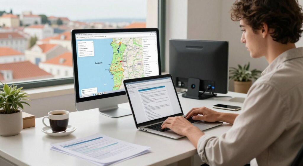 A serene office setting featuring a focused digital nomad working on a laptop, wearing smart-casual attire. The foreground shows a neatly organized desk with tax documents and a cup of coffee. In the middle, the individual studies a digital map of Portugal, surrounded by subtle references to remote work like a portable monitor and a smartphone. The background features a scenic view of Lisbon’s iconic architecture through a large window, with soft, natural light streaming in, creating a warm atmosphere. The image should evoke a sense of productivity and exploration, highlighting the unique tax implications faced by remote workers in Portugal while maintaining a professional tone.