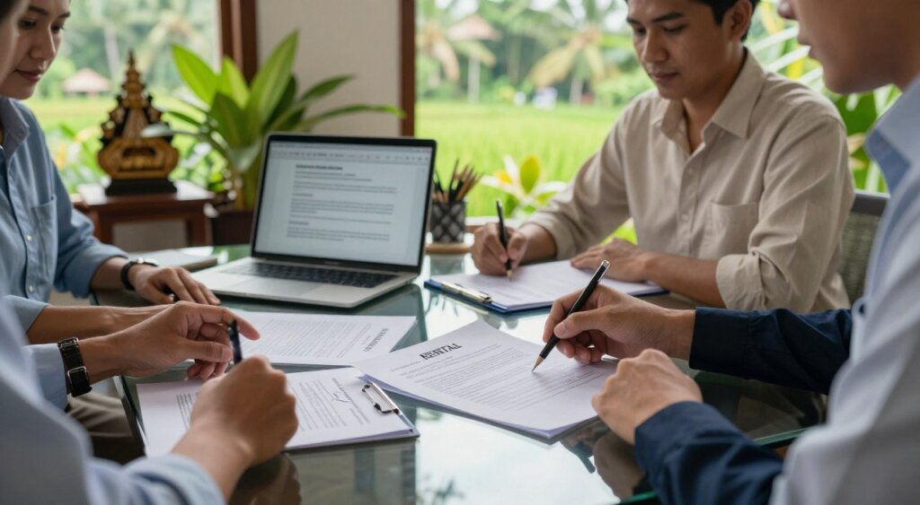 A serene office setting in Bali with a glass table surrounded by professionals dressed in modest business attire, reviewing rental contracts and compliance documents under soft natural light. In the foreground, a detailed view of contract papers with signatures and a laptop displaying important regulations is visible. The middle ground features an indoor plant and a glimpse of traditional Balinese decor, adding cultural context. The background captures a picturesque window view of lush greenery and rice paddies, epitomizing Bali's natural beauty. The atmosphere feels focused and collaborative, embodying the seriousness of local property law compliance in a tropical setting. The image should radiate professionalism and a sense of purpose in the context of rental regulations.