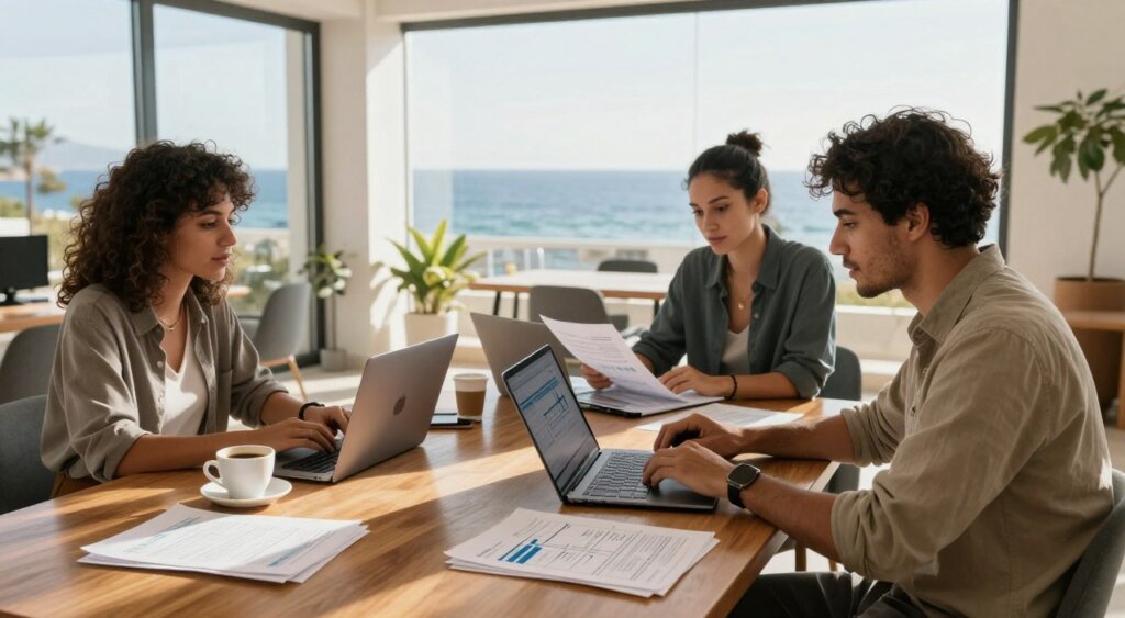 A serene office setting in a stylish co-working space in Cyprus, showing a diverse group of three digital nomads—two women and one man—engaged in a discussion over laptops and financial documents. The foreground features a polished wooden table cluttered with laptops, cups of coffee, and tax documents with diagrams illustrating tax implications. In the middle, the professionals, dressed in smart casual attire, are analyzing charts and graphs, exuding a sense of collaboration and focus. The background showcases large windows revealing a picturesque view of the Mediterranean Sea, filled with soft, natural lighting that casts warm shadows, creating a vibrant yet professional atmosphere. The overall mood conveys a balance of productivity and relaxation, perfectly representing the experience of digital nomads in Cyprus.