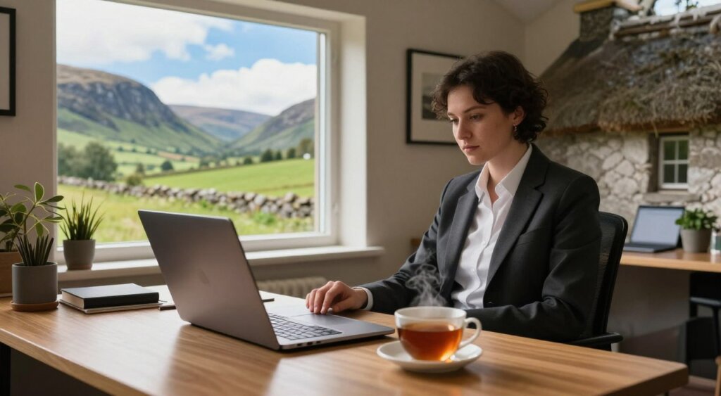 A serene office setup in a cozy Scottish cottage, reflecting the concept of a remote work permit. In the foreground, a well-organized desk features a sleek laptop, a cup of steaming tea, and a large window showcasing a picturesque Highland view with rolling green hills and a clear blue sky. In the middle ground, a person dressed in professional business attire sits comfortably, focused on their work. Soft, natural light pours in from the window, creating a warm and inviting atmosphere. The background highlights charming elements of Scottish architecture, such as stone walls and a thatched roof, emphasizing the blend of work and the enchanting Scottish landscape. The overall mood is tranquil and inspiring, perfect for digital nomads embracing remote work in Scotland.