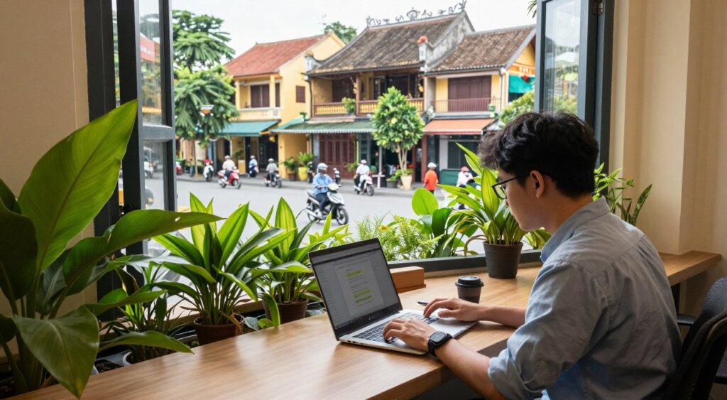 A serene office space in Vietnam showcasing a digital nomad working on a laptop. In the foreground, a person in smart casual attire is focused on their screen, surrounded by vibrant greenery typical of Vietnam. In the middle ground, a large window offers a stunning view of a bustling street scene with scooters and traditional architecture, capturing the essence of Vietnamese culture. The background features a blend of modern and traditional buildings, hinting at the country’s rich history. Soft, natural lighting pours in from the window, creating a warm and inviting atmosphere. The overall mood conveys a sense of productivity and cultural immersion, ideal for digital nomads seeking inspiration while working abroad.