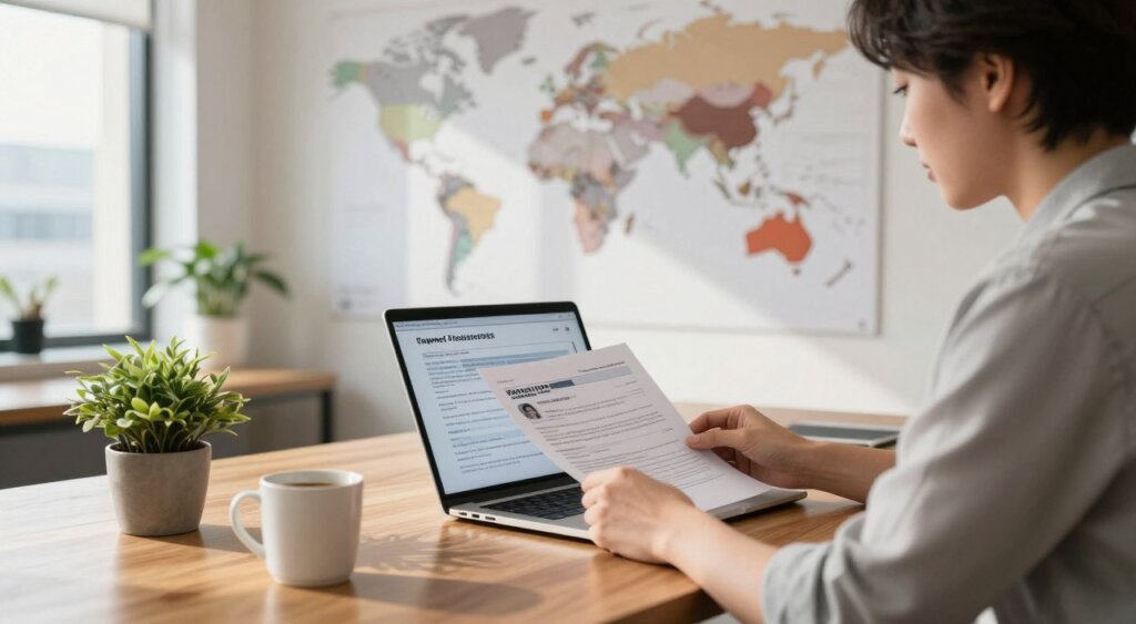 A serene office space showcasing a digital nomad working on a laptop, with a focus on the documents related to Taiwan's residency for freelancers visa. In the foreground, a professional person in smart casual attire reviews the visa application papers, sitting at a modern wooden desk adorned with a potted plant and a coffee mug. In the middle ground, a large world map on the wall highlights Taiwan, emphasizing its significance for digital nomads. In the background, natural light floods through a window, casting soft shadows, with a hint of urban scenery visible outside. The atmosphere is focused and inspiring, capturing the essence of remote work and the potential of living in Taiwan as a freelancer.