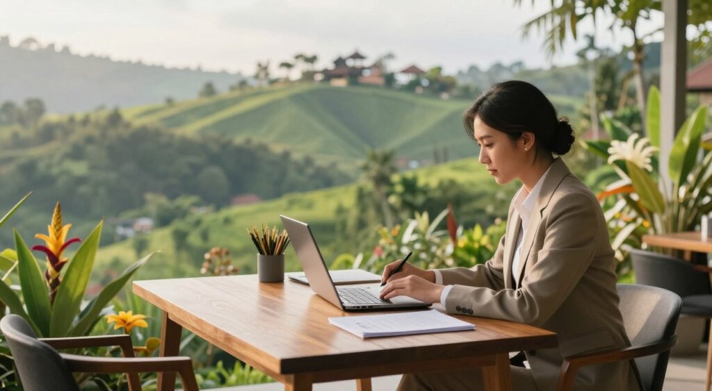 A serene outdoor office setting in Bali featuring a professional business person in modest business attire, sitting at a sleek wooden desk with a laptop open, immersed in paperwork. In the foreground, a clear view of tropical plants and local flowers adds a touch of natural beauty. The middle ground showcases a picturesque view of Bali's lush green hills and a hint of traditional Balinese architecture in the background. Soft, diffused sunlight bathes the scene, creating a warm and inviting atmosphere, suggesting productivity and tranquility. The image is captured from a slightly elevated angle, emphasizing the balance between business and the tranquil landscape of Bali, conveying a sense of purpose and connection to the local environment.