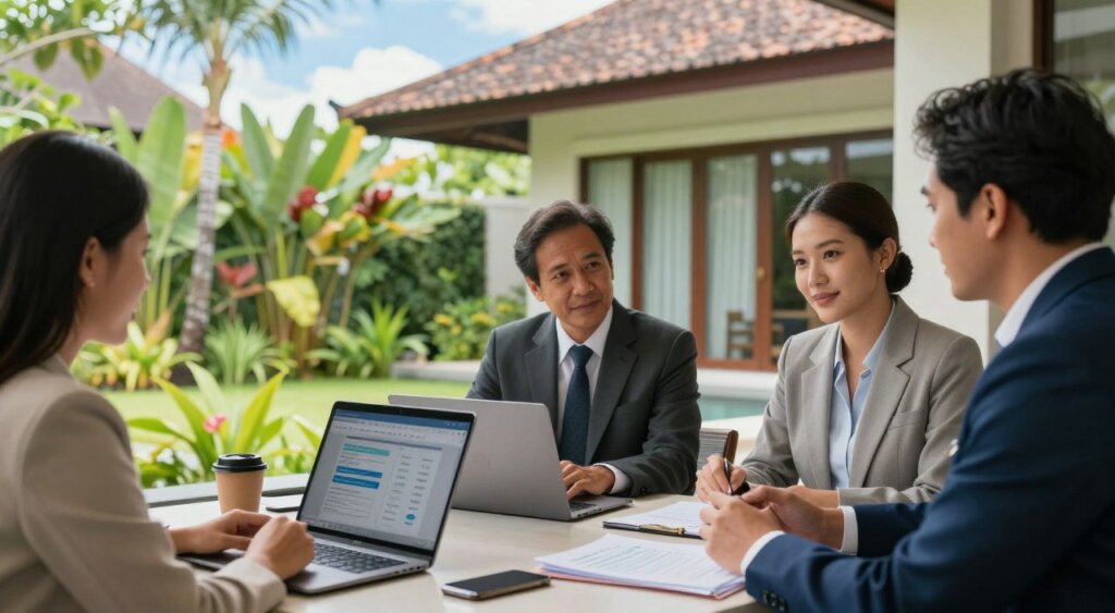 A serene outdoor office space in Bali, featuring a diverse group of three professionals in business attire engaged in a discussion about expatriate healthcare plans. The foreground shows a round table with laptops, papers, and a smartphone displaying healthcare comparison charts. The middle ground highlights a lush garden with tropical plants and a clear blue sky, while the background reveals a modern Balinese architecture with large windows. Soft, natural lighting illuminates the scene, creating a warm and inviting atmosphere. The image conveys collaboration and professionalism, emphasizing the importance of healthcare planning for long-term residents in Bali. The composition captures a candid moment of teamwork, ideal for a photojournalistic depiction.