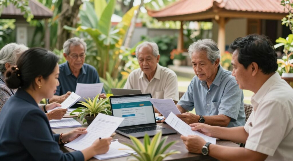 A serene outdoor scene depicting a diverse group of long-term residents in Bali, engaged in a professional discussion about health insurance options. In the foreground, individuals from various backgrounds, including an Asian woman in business attire and a European man in casual but neat clothing, are reviewing documents at a table adorned with tropical plants. The middle ground features a laptop displaying health coverage websites and brochures. The background showcases lush greenery and traditional Balinese architecture bathed in warm, natural sunlight, creating an inviting atmosphere. The image captures a sense of community and careful planning, emphasizing the importance of specialized health insurance for long-term residents. Use a wide-angle lens for depth and clarity, with soft focus to enhance the peaceful mood of this informative dialogue.