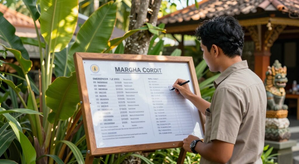 A serene outdoor scene in Bali, depicting a small, well-organized emergency contact board. In the foreground, a professional-looking expat maintains the board, jotting down important contact numbers and medical emergency information, dressed in casual yet respectable clothing. The middle ground features lush tropical greenery, bamboo accents, and a slight glimpse of the vibrant local culture, such as a statue or traditional Balinese artefact. In the background, warm sunlight filters through the leaves, casting gentle shadows that create an inviting and calming atmosphere. The composition should evoke a sense of preparation and reassurance, highlighting the importance of being ready for emergencies while living in paradise. The image should reflect a high standard of photojournalism with crisp details and vibrant colors.