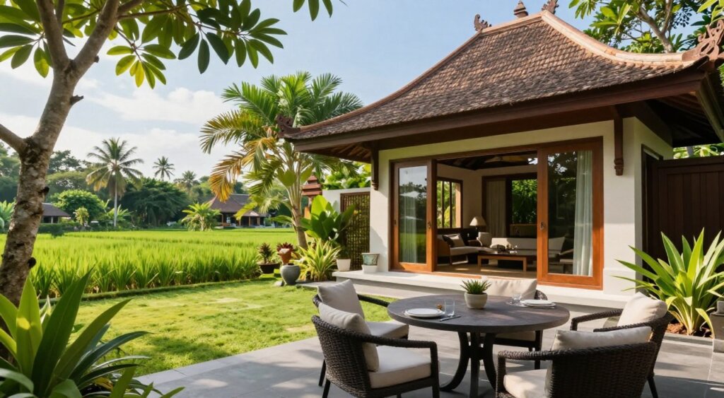 A serene outdoor setting depicting a luxurious Bali rental property with lush tropical gardens. In the foreground, a stylishly furnished patio area includes an elegant table and comfortable chairs, perfect for relaxing. In the middle ground, the modern villa showcases traditional Balinese architecture with wooden features and large glass windows, reflecting the surrounding greenery. In the background, gentle rice paddies stretch toward the horizon under a clear blue sky, with soft sunlight filtering through the trees. The scene captures a tranquil and inviting atmosphere, embodying the essence of long-term living in Bali. The image should evoke a sense of peace and homeliness, highlighting the beauty of Bali’s real estate. Use natural lighting to enhance the richness of the colors and textures, showcasing a vibrant yet calming environment.