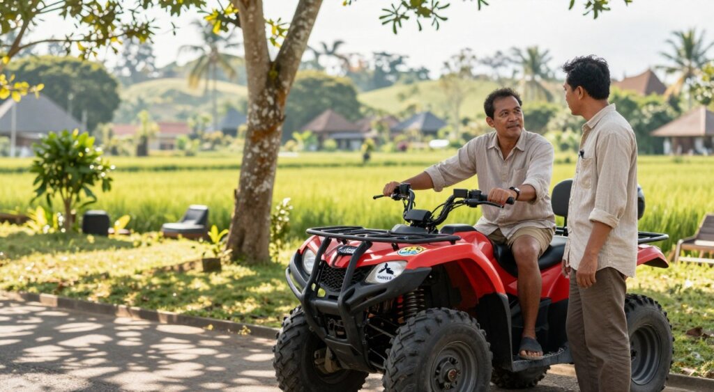 A serene outdoor setting in Ubud, Bali, showcasing a vibrant ATV with age and weight restriction symbols displayed clearly. In the foreground, a realistic depiction of two individuals dressed in modest casual clothing, thoughtfully discussing the important safety guidelines for ATV riding. The middle ground features an array of lush green vegetation typical of Bali, complemented by soft sunlight filtering through the trees, creating dappled shadows on the ground. In the background, gently rolling hills and traditional Balinese architecture are visible, enhancing the cultural ambiance. Capture this scene with a warm and inviting atmosphere, utilizing natural lighting to emphasize the clarity of the symbols, while photographing from a slight angle to add depth and context to the image, reflecting the essence of responsible ATV riding in a tropical paradise.