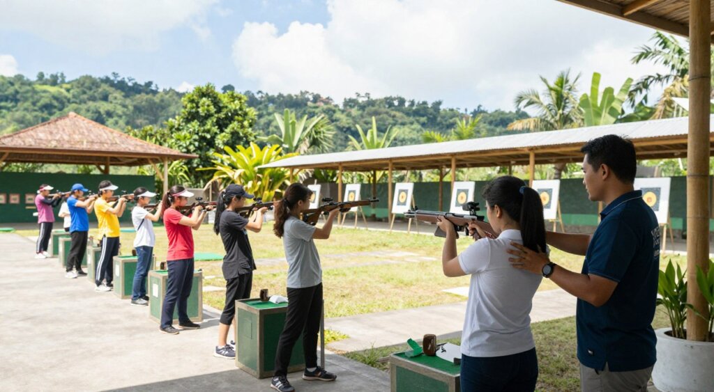 A serene outdoor shooting range in Bali, featuring a diverse group of beginner shooters, dressed in professional casual attire, focusing on target practice. In the foreground, a woman carefully aims at a target, with an instructor providing guidance beside her, showcasing a clear expression of concentration and intent. The middle ground displays several shooting lanes equipped with various firearms, adorned with tropical plants and bamboo structures, creating a relaxing atmosphere. In the background, lush green hills and a bright blue sky with soft, diffused sunlight fill the scene, emphasizing the tranquility of the setting. The image captures a sense of focus and camaraderie among beginners as they engage in this unique experience in Bali.