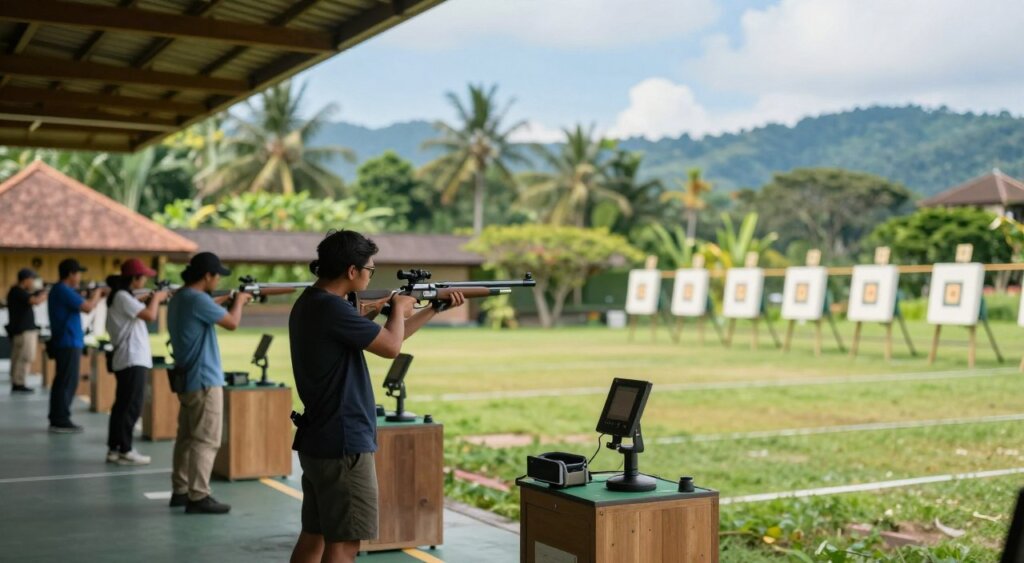 A serene outdoor shooting range in Bali, featuring lush tropical surroundings. In the foreground, a well-maintained shooting station with professional-grade equipment and targets. Mid-ground elements include several individuals in modest, casual clothing, focusing on safety and accuracy, while the vibrant greenery and traditional Balinese architecture frame the scene. The background showcases distant rolling hills and a clear blue sky, hinting at the exotic landscape. The lighting is soft yet bright, emphasizing the natural colors and creating a welcoming atmosphere. Capture this image with a slight tilt-shift lens effect to give a depth of field while maintaining sharp details in the shooting area. The mood is both adventurous and calm, ideal for showcasing the unique shooting ranges in Bali.